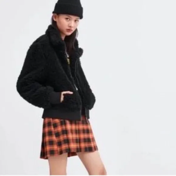 Zara TRF Teddy Fluffy Fleece Faux Fur Full Zip Bomber Jacket Black Size large