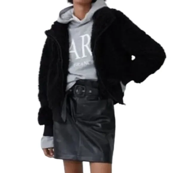 Zara TRF Teddy Fluffy Fleece Faux Fur Full Zip Bomber Jacket Black Size large
