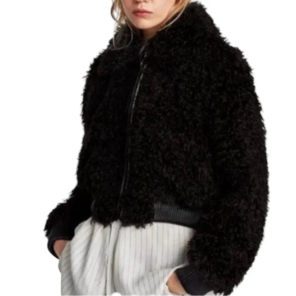 Zara TRF Teddy Fluffy Fleece Faux Fur Full Zip Bomber Jacket Black Size large