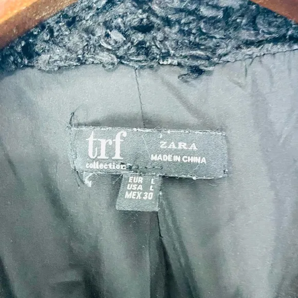 Zara TRF Teddy Fluffy Fleece Faux Fur Full Zip Bomber Jacket Black Size large